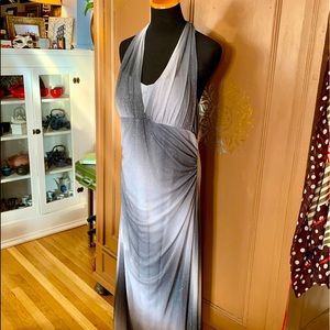 Y2K Era Ombré Gray & White Halter Prom Gown with Silver Sparkles